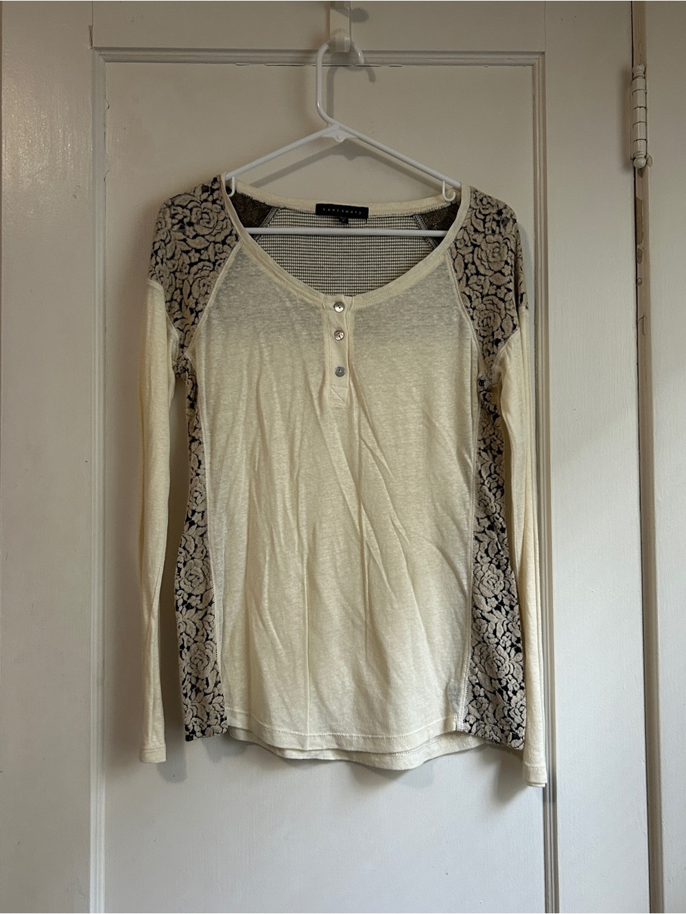 Sanctuary Cream Long-Sleeve Henley with Black Lace Accents